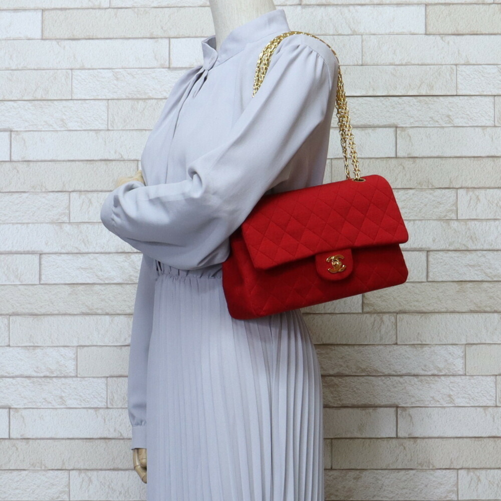 CHANEL W Flap Matelasse Shoulder Bag Cotton Red Women's - Picture 2 of 9